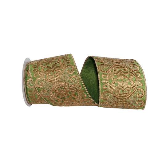 JAM Paper 4" x 5yd. Green & Embroidered Gold Scroll Wired Ribbon